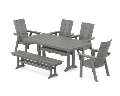 POLYWOOD Modern Curveback Adirondack 6-Piece Farmhouse Dining Set with Trestle Legs and Bench - 38" x 73" Table in Slate Grey