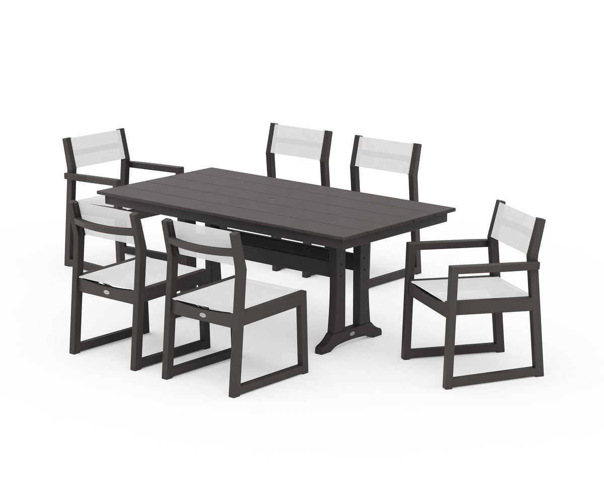 POLYWOOD EDGE Sling 7-Piece Farmhouse Trestle Dining Set in Vintage Coffee / White