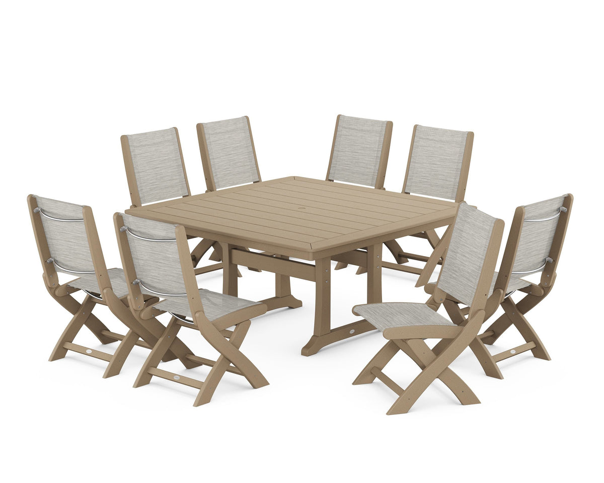 POLYWOOD Coastal Folding Side Chair 9-Piece Dining Set with Trestle Legs in Vintage Sahara / Birch