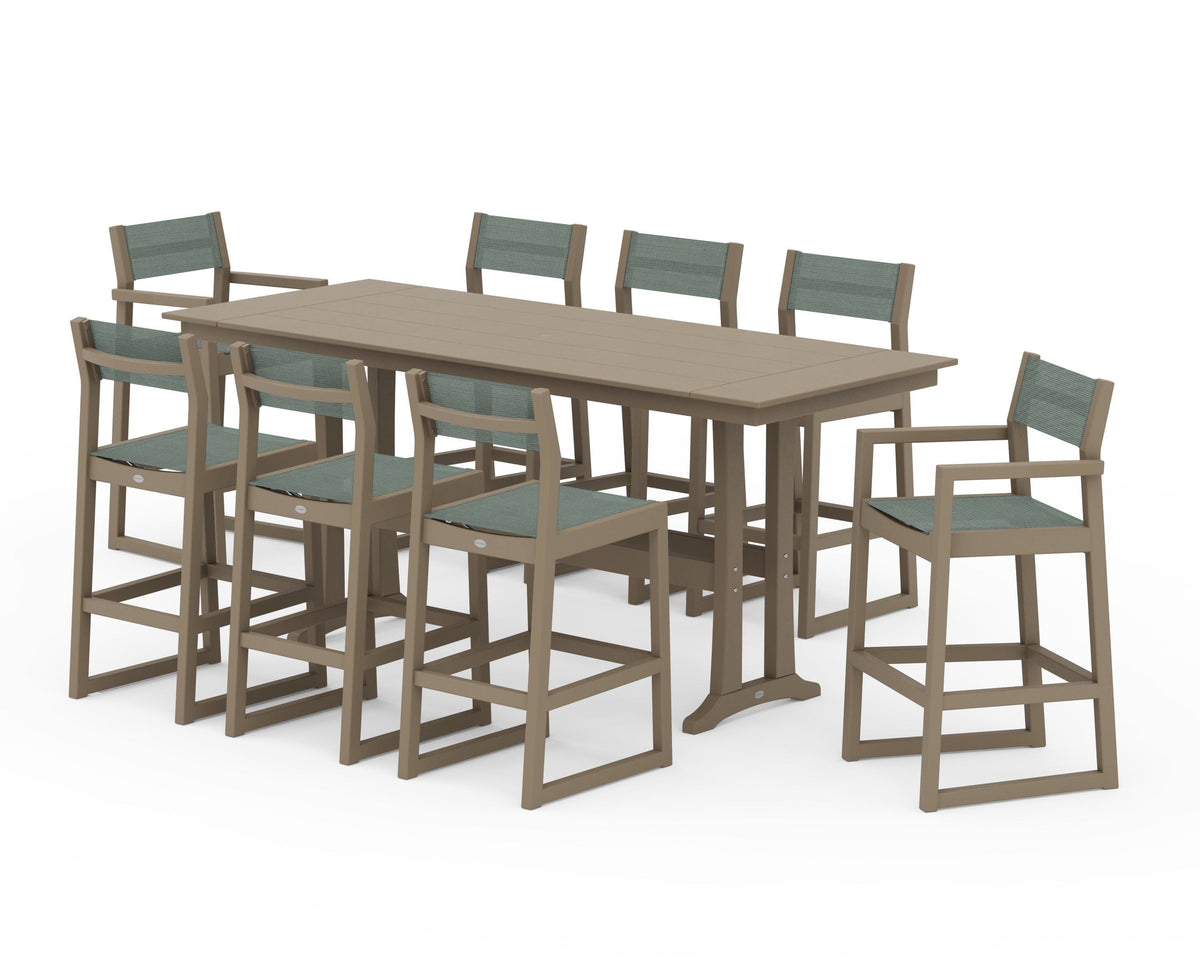 POLYWOOD EDGE Sling 9-Piece Farmhouse Bar Set with Trestle Legs in Vintage Sahara / Dupioni Sea Mist