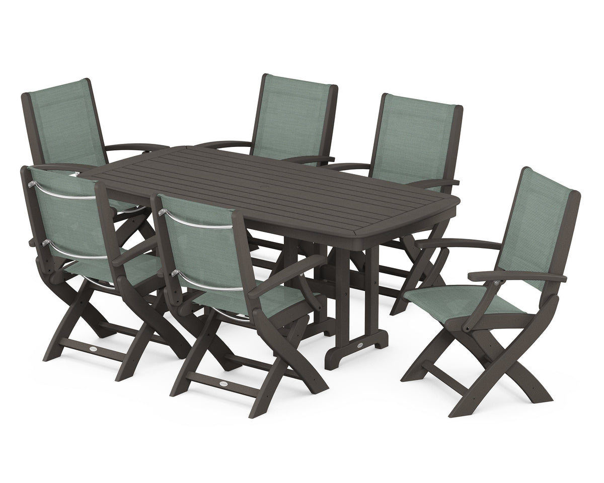 POLYWOOD Coastal Folding Arm Chair 7-Piece Dining Set in Vintage Coffee / Dupioni Sea Mist