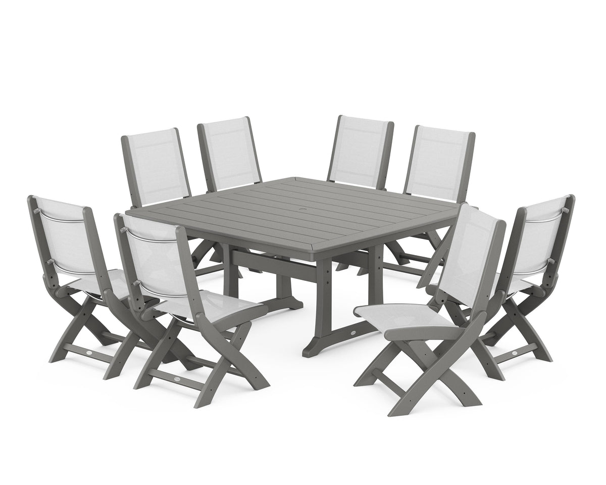 POLYWOOD Coastal Folding Side Chair 9-Piece Dining Set with Trestle Legs in Slate Grey / White