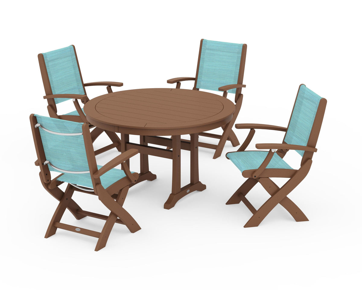 POLYWOOD Coastal Folding Chair 5-Piece Round Dining Set with Trestle Legs in Teak / Dupioni Aquamarine