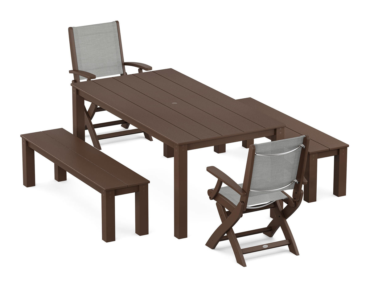 POLYWOOD Coastal Folding Chair 5-Piece Parsons Dining Set with Benches in Mahogany / Metallic