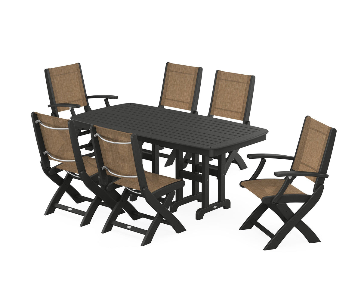 POLYWOOD Coastal Folding Chair 7-Piece Dining Set in Black / Burlap