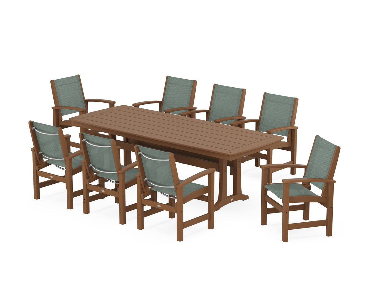 POLYWOOD Coastal 9-Piece Dining Set with Trestle Legs in Teak / Dupioni Sea Mist