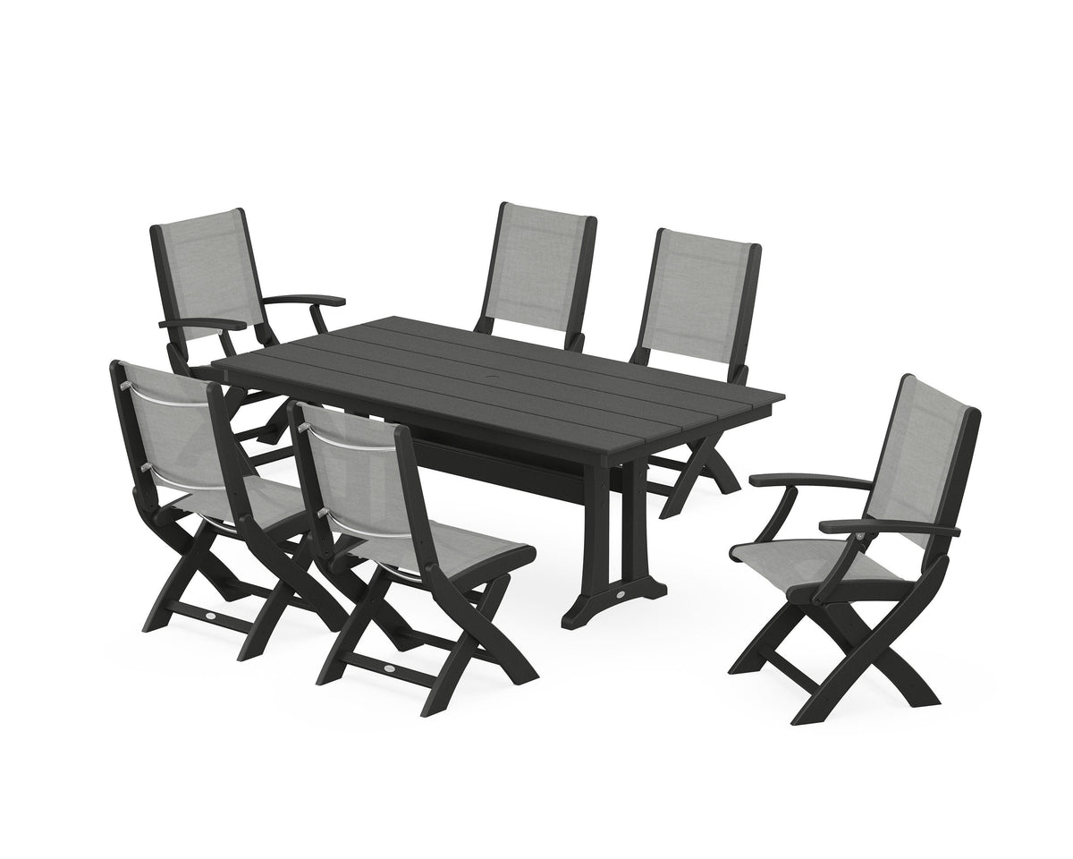 POLYWOOD Coastal Folding Chair 7-Piece Farmhouse Dining Set with Trestle Legs in Black / Metallic