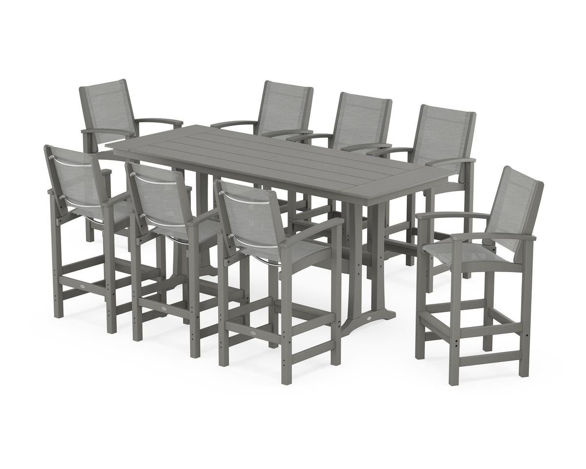 POLYWOOD Coastal 9-Piece Farmhouse Bar Set with Trestle Legs in Slate Grey / Metallic