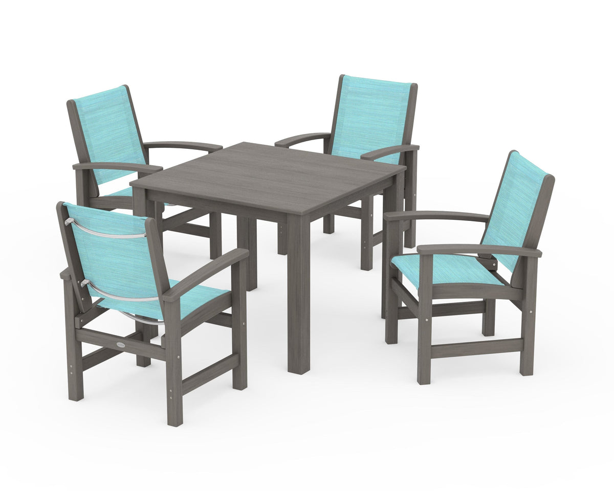 POLYWOOD Coastal 5-Piece Parsons Dining Set in Driftwood / Dupioni Aquamarine