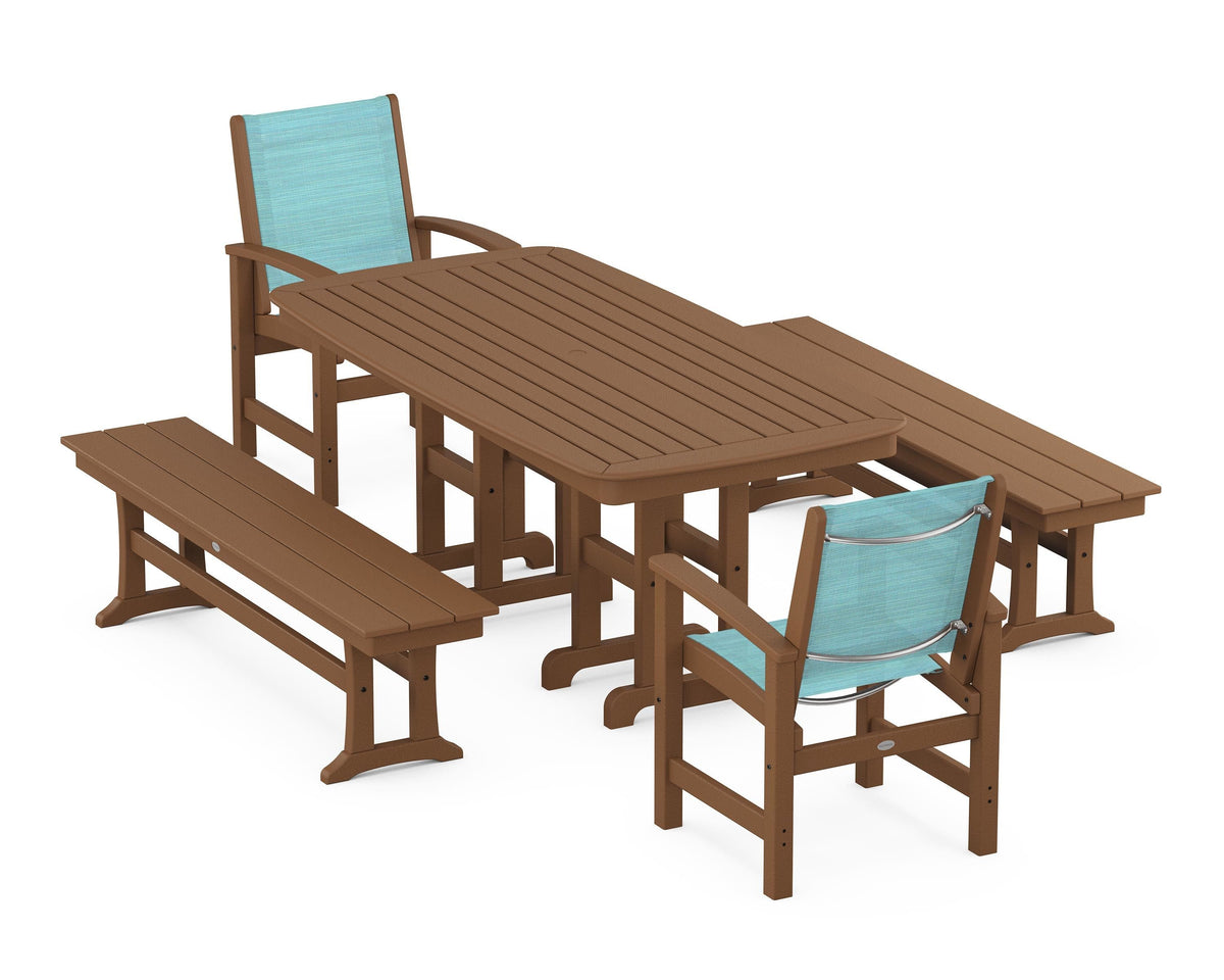 POLYWOOD Coastal 5-Piece Dining Set with Nautical 37" x 72" Dining Table in Teak / Dupioni Aquamarine