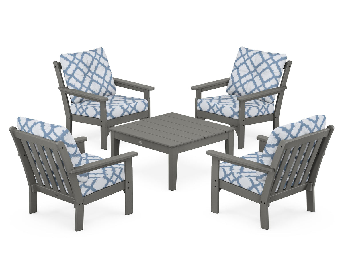 POLYWOOD Vineyard 5-Piece Deep Seating Conversation Set in Slate Grey / Trellis Sky Blue