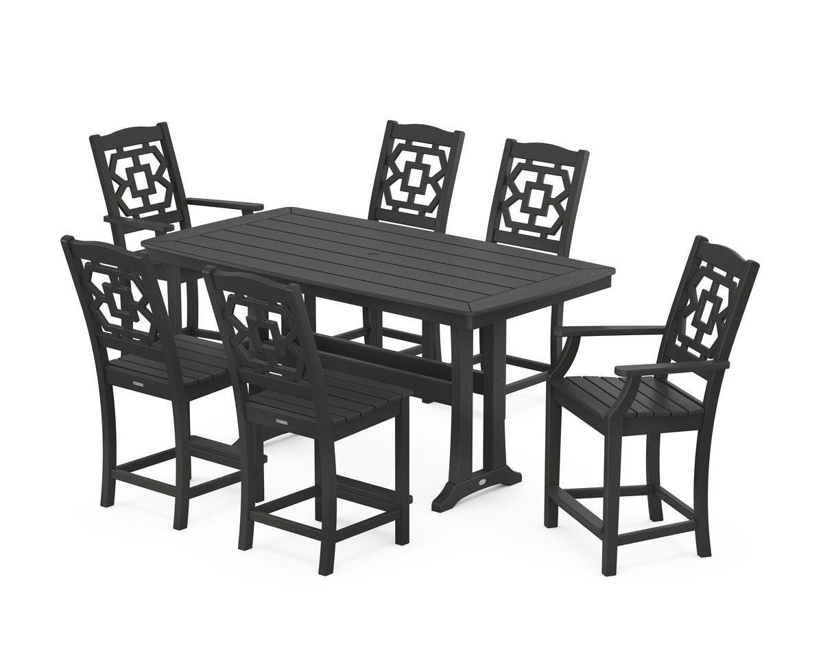 POLYWOOD Chinoiserie 7-Piece Counter Set with Trestle Legs in Black