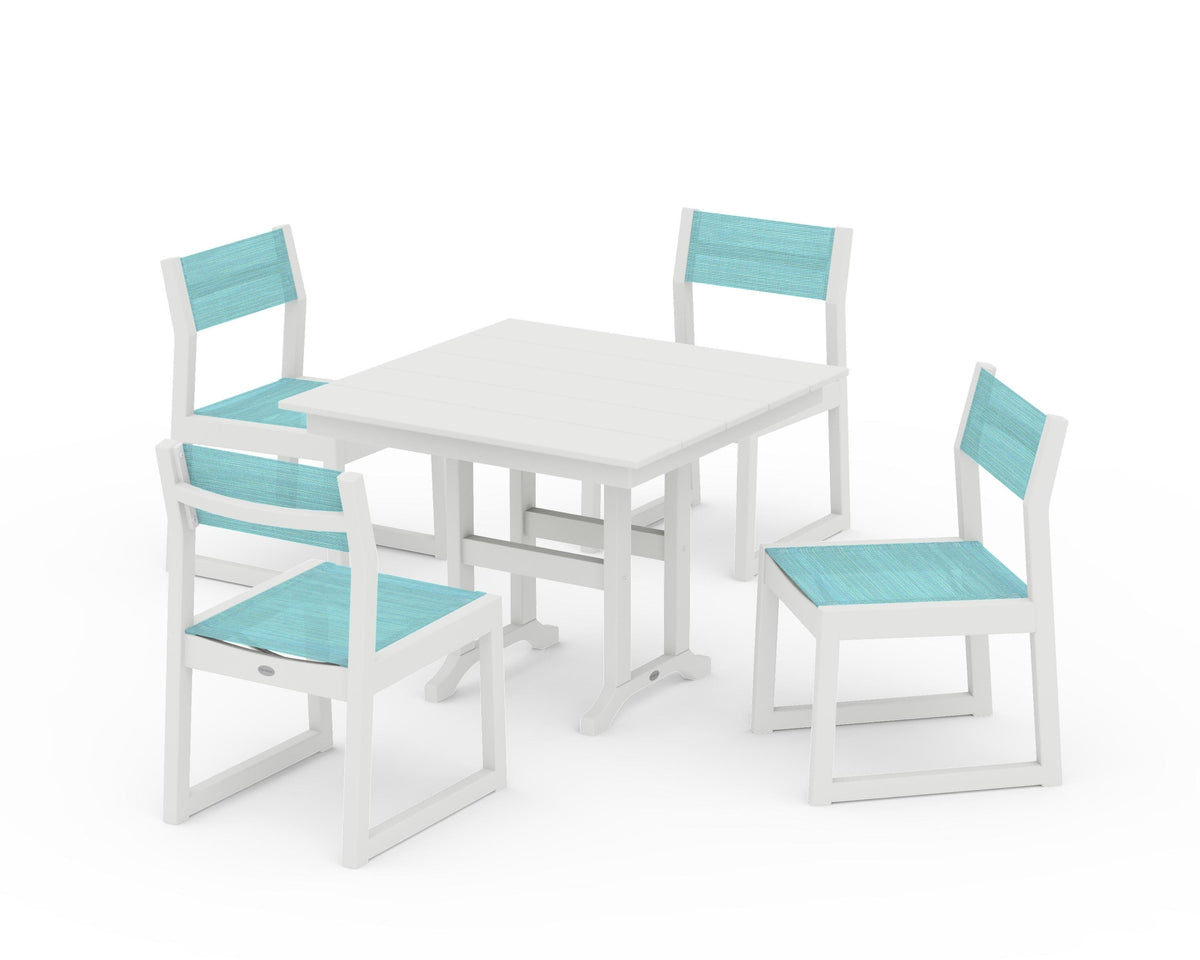 POLYWOOD EDGE Sling Side Chair 5-Piece Farmhouse Dining Set in Vintage White / Dupioni Aquamarine