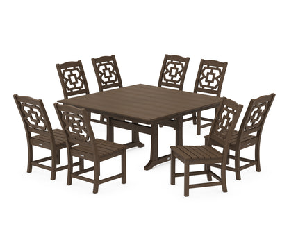 POLYWOOD Chinoiserie 9-Piece Square Farmhouse Side Chair Dining Set with Trestle Legs in Kona