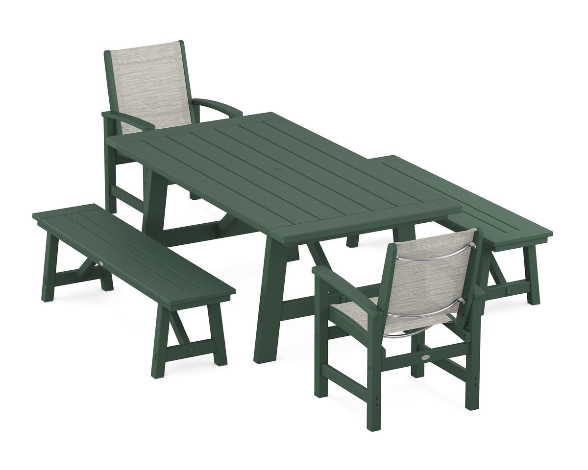 POLYWOOD Coastal 5-Piece Rustic Farmhouse Dining Set With Benches in Green / Birch