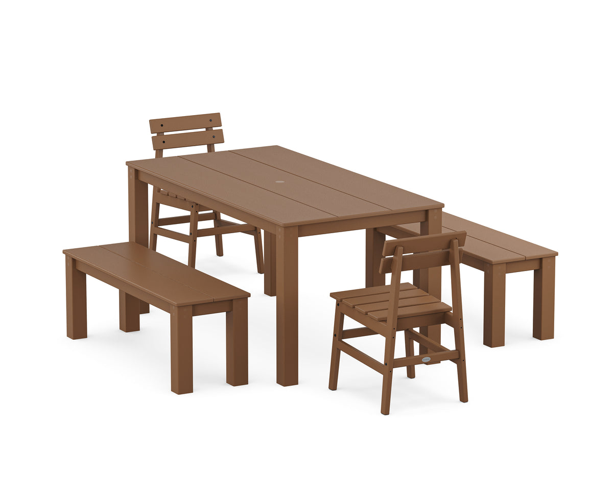 POLYWOOD Modern Studio Plaza Chair 5-Piece Parsons Dining Set with Benches - 34" x 64" Table in Teak