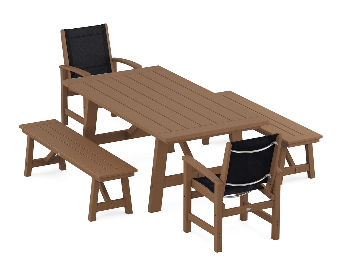 POLYWOOD Coastal 5-Piece Rustic Farmhouse Dining Set With Benches in Teak / Black