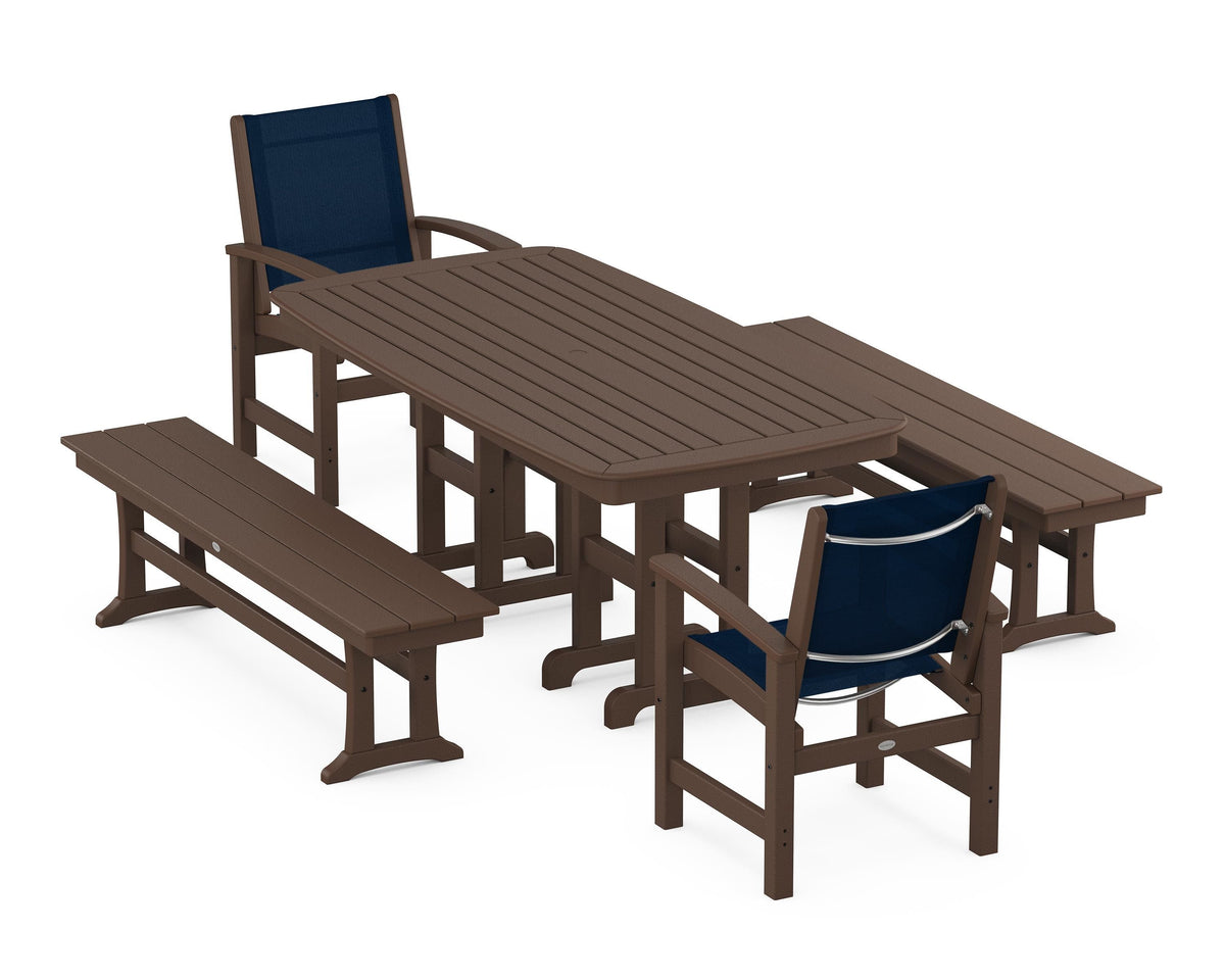 POLYWOOD Coastal 5-Piece Dining Set with Nautical 37" x 72" Dining Table in Mahogany / Navy Blue