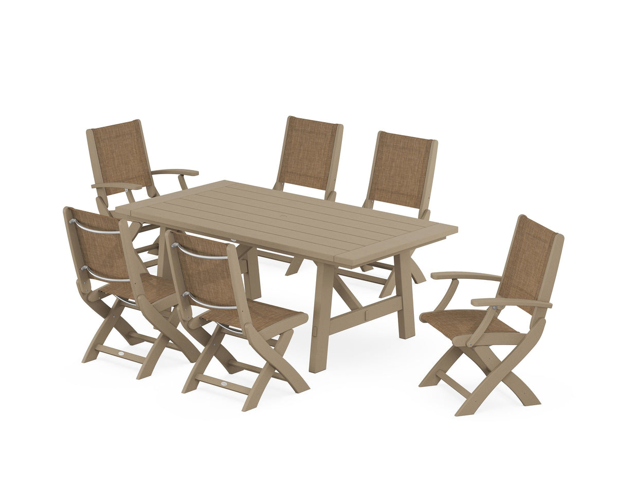 POLYWOOD Coastal Folding Chair 7-Piece Rustic Farmhouse Dining Set in Vintage Sahara / Burlap