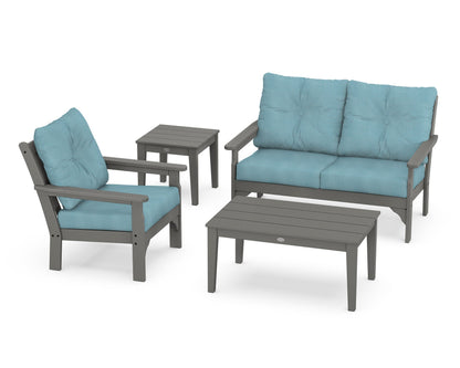POLYWOOD Vineyard 4-Piece Deep Seating Set with 36" Coffee Table in Slate Grey / Lattice Sky Blue