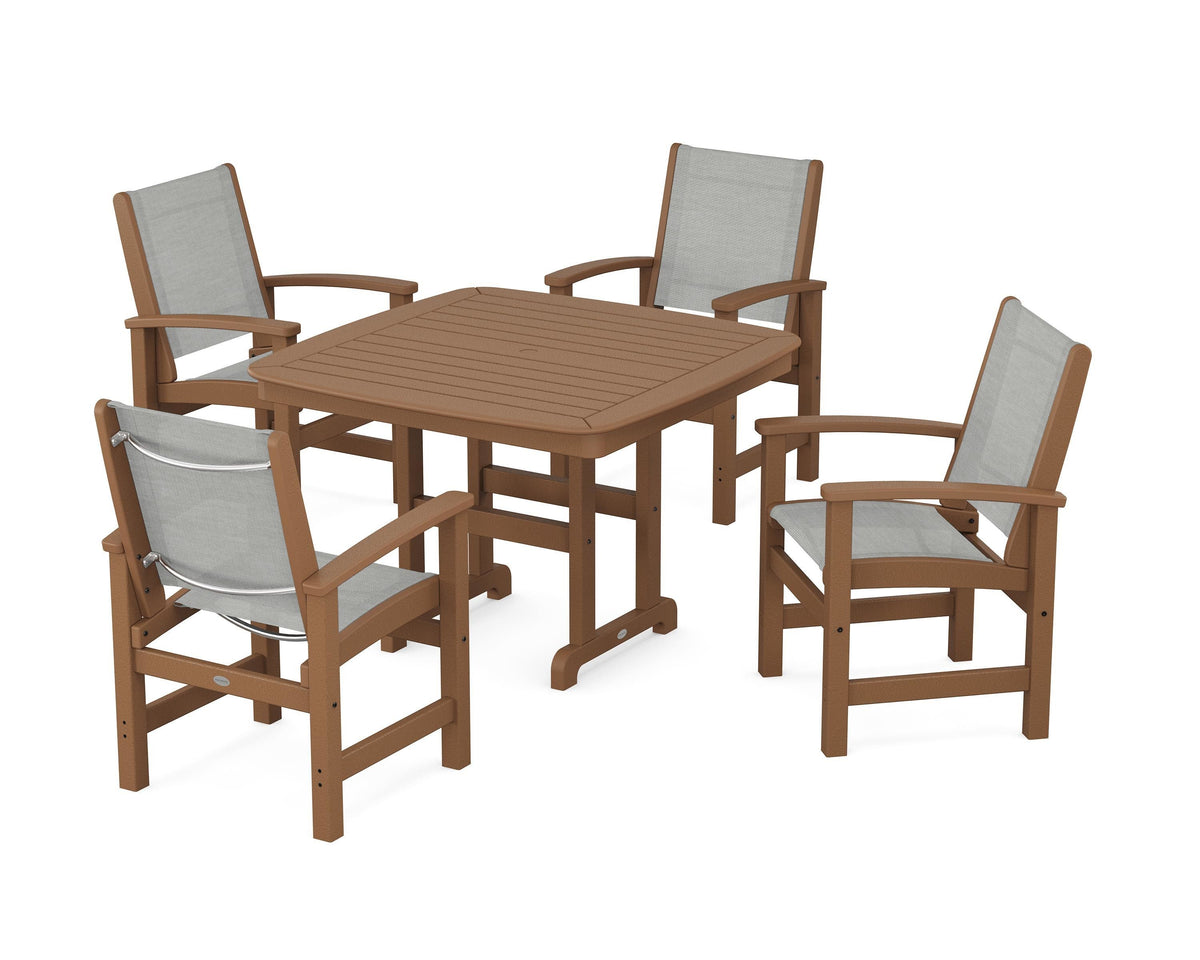 POLYWOOD Coastal 5-Piece Dining Set with Nautical 44" Dining Table in Teak / Metallic