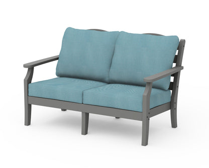 POLYWOOD Savannah Deep Seating Loveseat in Slate Grey / Lattice Sky Blue