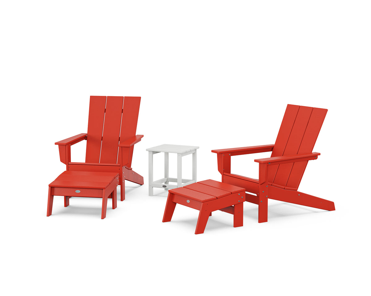 POLYWOOD 5-Piece Modern Studio Adirondack Set with Ottomans and Side Table in Sunset Red / White
