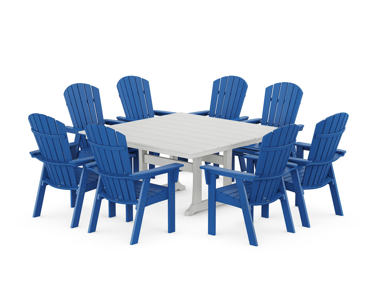 POLYWOOD Nautical Curveback Adirondack 9-Piece Square Dining Set with Trestle Legs in Pacific Blue / White