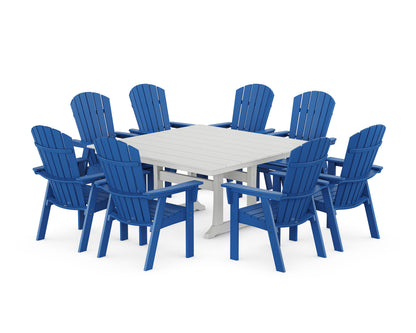 POLYWOOD Nautical Curveback Adirondack 9-Piece Square Dining Set with Trestle Legs in Pacific Blue / White