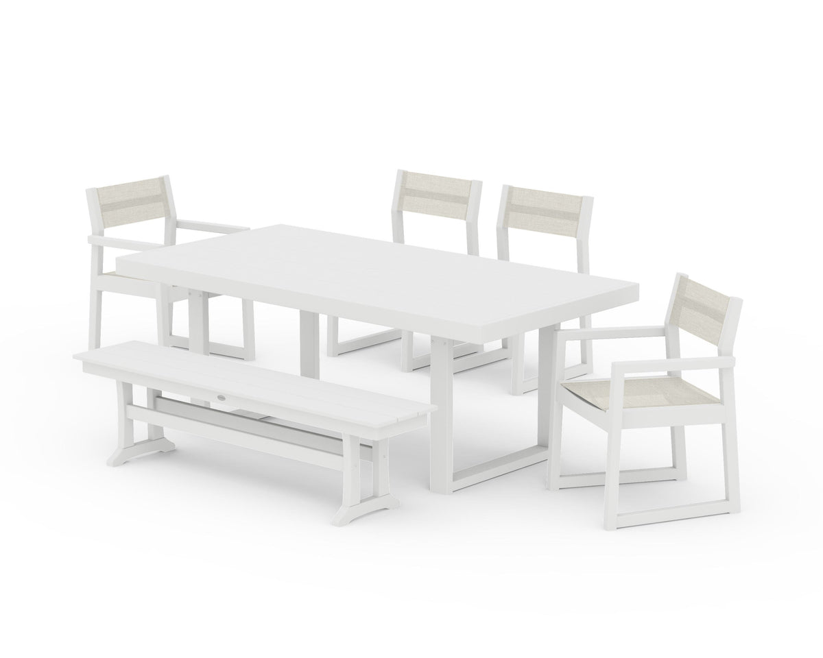 POLYWOOD EDGE Sling 6-Piece Dining Set with Bench in White / Parchment