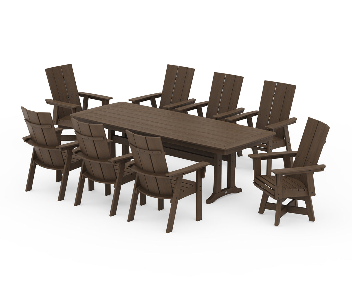 POLYWOOD Modern Curveback Adirondack Swivel 9-Piece Dining Set with Trestle Legs in Kona