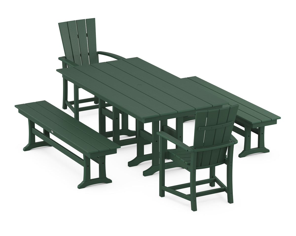POLYWOOD Quattro 5-Piece Farmhouse Dining Set with Benches - 37" x 72" Table in Green