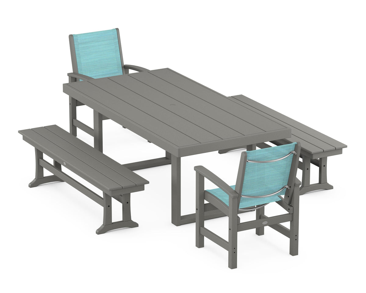 POLYWOOD Coastal 5-Piece Dining Set with Trestle Legs with EDGE 40" x 78" Dining Table in Slate Grey / Dupioni Aquamarine