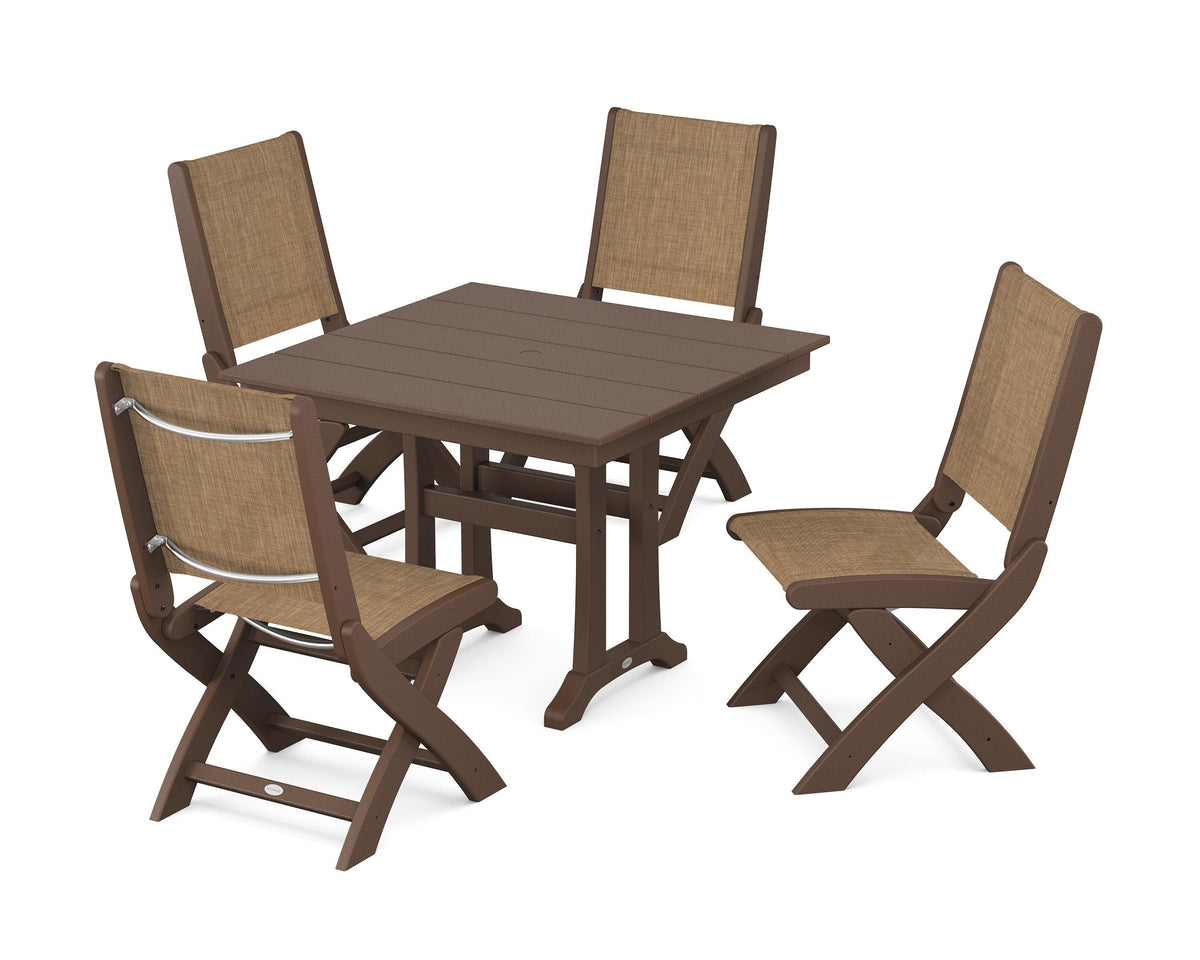 POLYWOOD Coastal Folding Side Chair 5-Piece Farmhouse Dining Set With Trestle Legs in Mahogany / Burlap