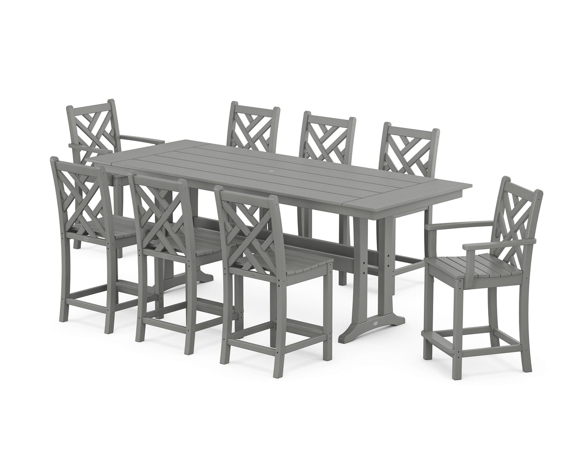 POLYWOOD Chippendale 9-Piece Farmhouse Counter Set with Trestle Legs in Slate Grey