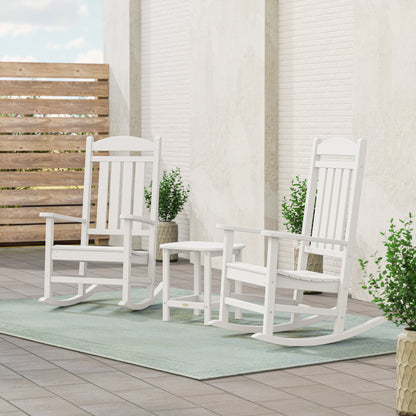 POLYWOOD Presidential 3-Piece Rocking Chair Set with 18" South Beach Side Table in White in an outdoor setting