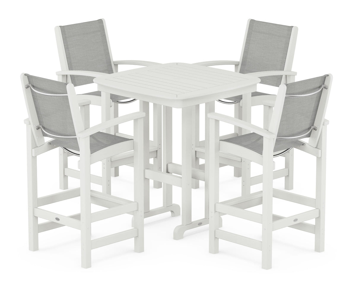 POLYWOOD Coastal 5-Piece Bar Set in Vintage White / Metallic