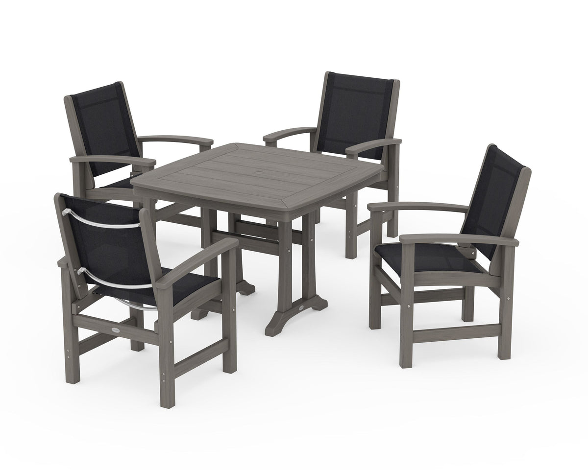 POLYWOOD Coastal 5-Piece Dining Set with Trestle Legs with Nautical Trestle 37" Dining Table in Driftwood / Black