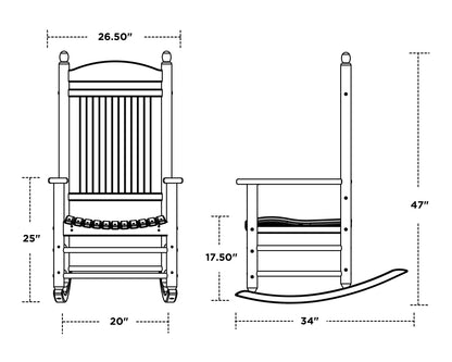 POLYWOOD Jefferson Rocking Chair dimension drawing with width, depth and height measurements