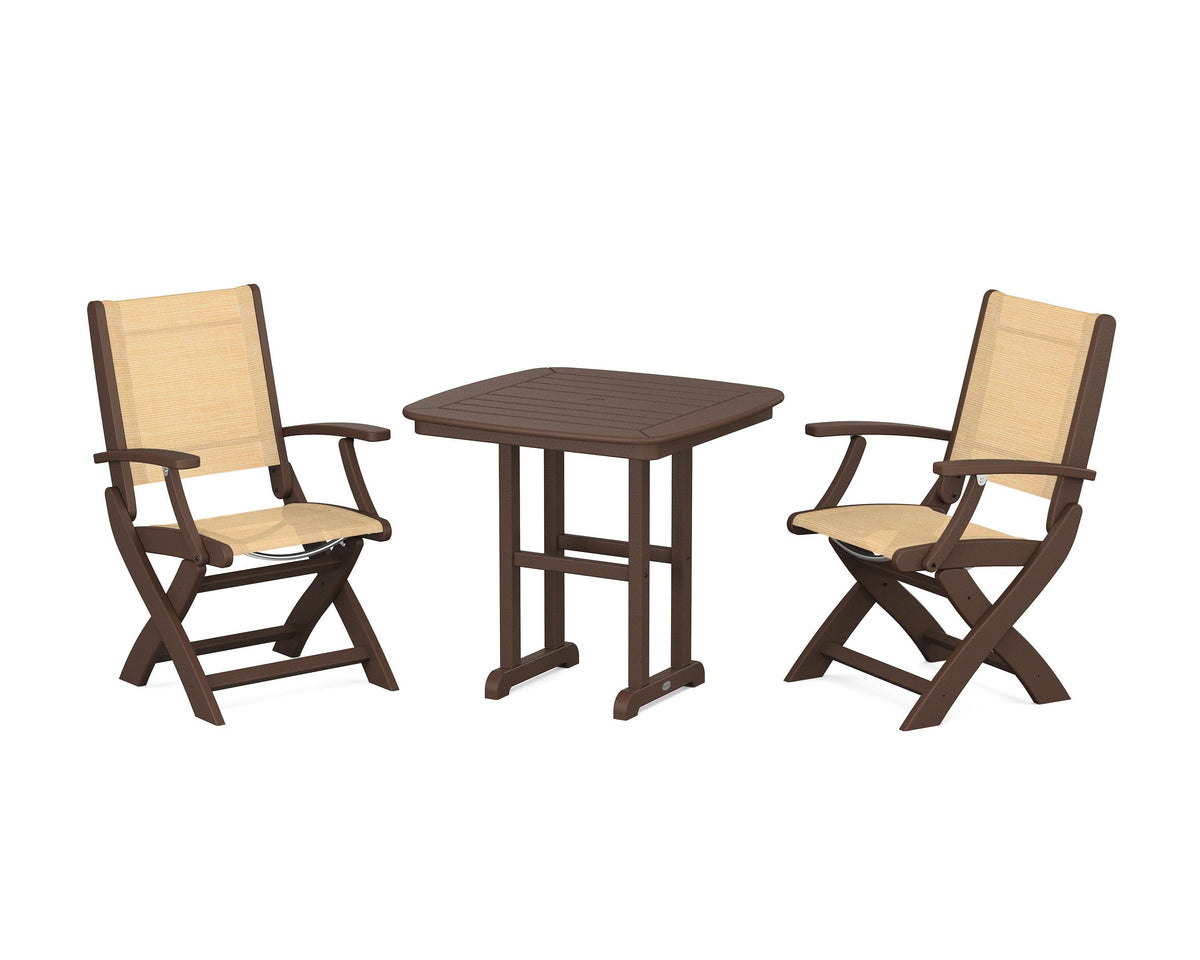 POLYWOOD Coastal Folding Chair 3-Piece Dining Set in Mahogany / Dupioni Apricot