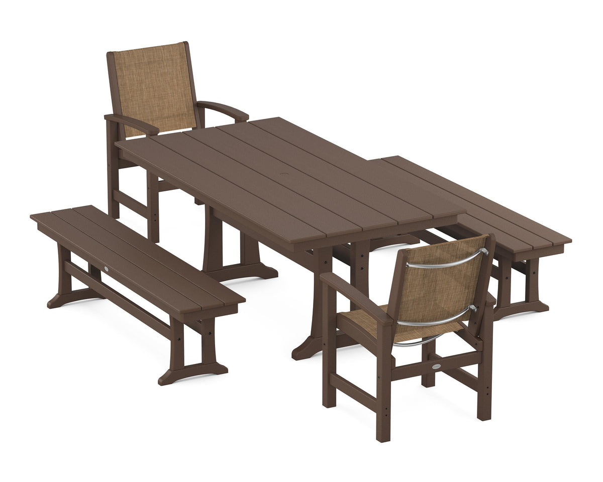 POLYWOOD Coastal 5-Piece Farmhouse Dining Set with Trestle Legs and Benches in Mahogany / Burlap