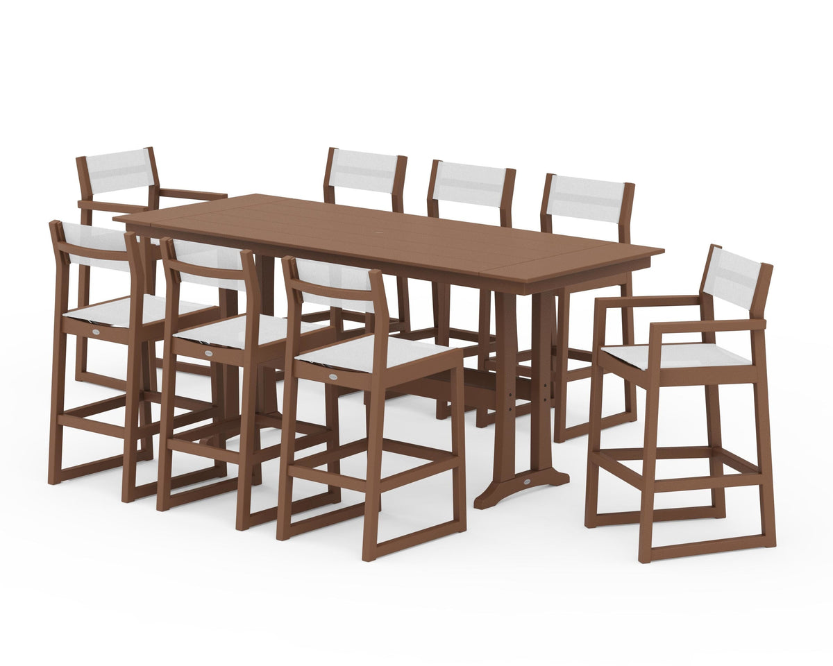 POLYWOOD EDGE Sling 9-Piece Farmhouse Bar Set with Trestle Legs in Teak / White