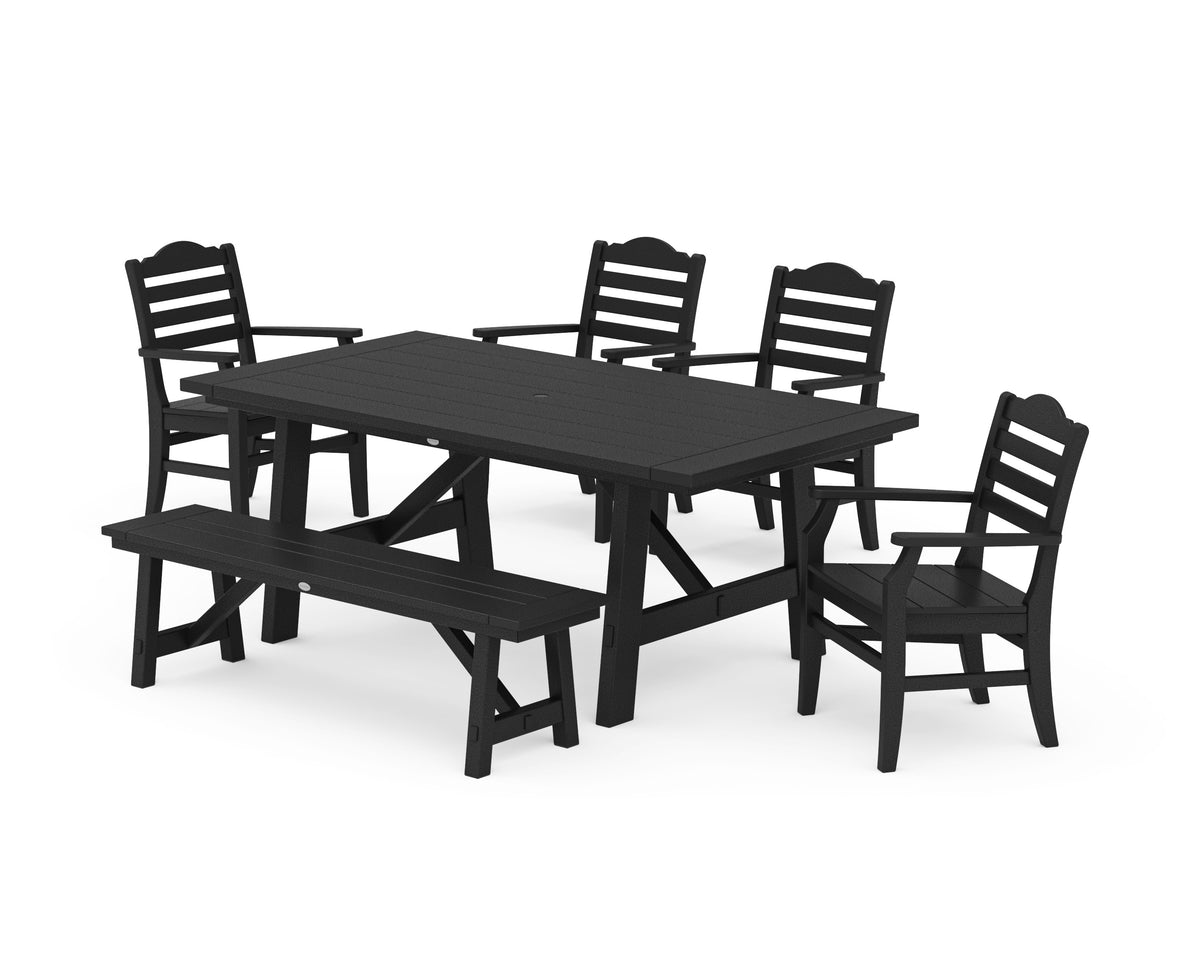 POLYWOOD Savannah 6-Piece Rustic Farmhouse Dining Set with Bench in Black