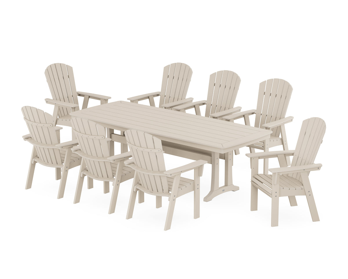 POLYWOOD Nautical Curveback Adirondack 9-Piece Dining Set with Trestle Legs in Sand
