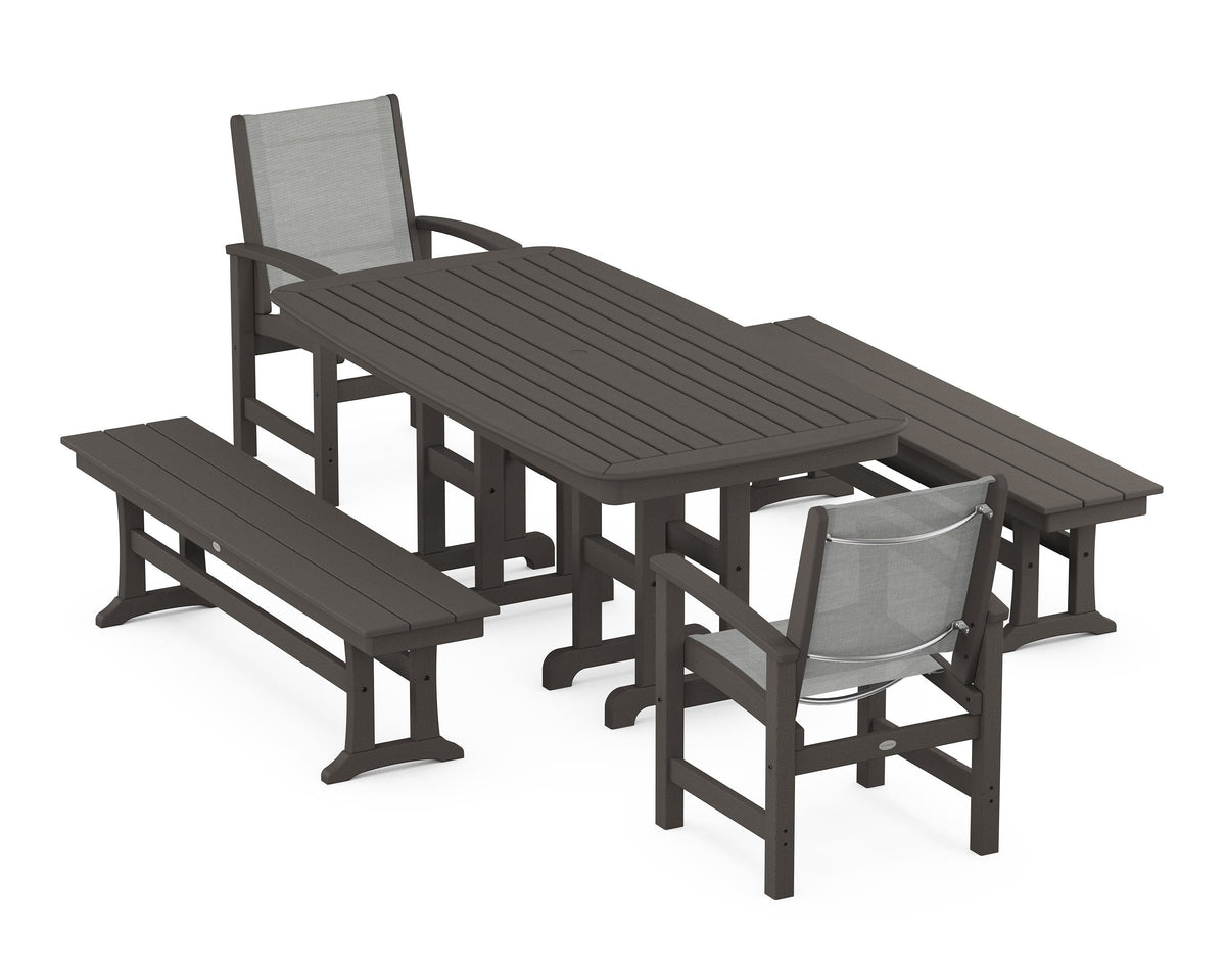 POLYWOOD Coastal 5-Piece Dining Set with Nautical 37" x 72" Dining Table in Vintage Coffee / Metallic