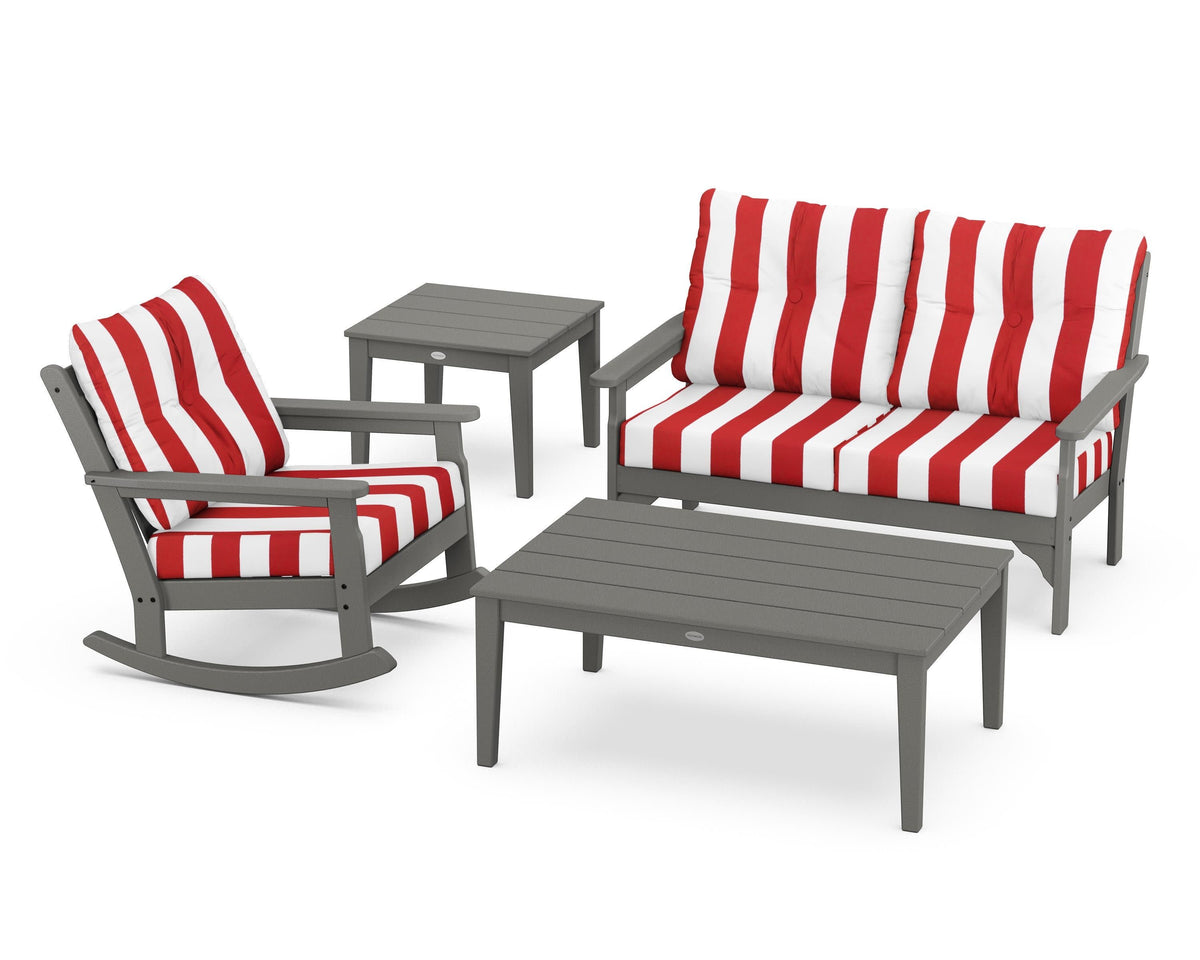 POLYWOOD Vineyard 4-Piece Deep Seating Rocker Set in Slate Grey / Cabana Stripe Crimson