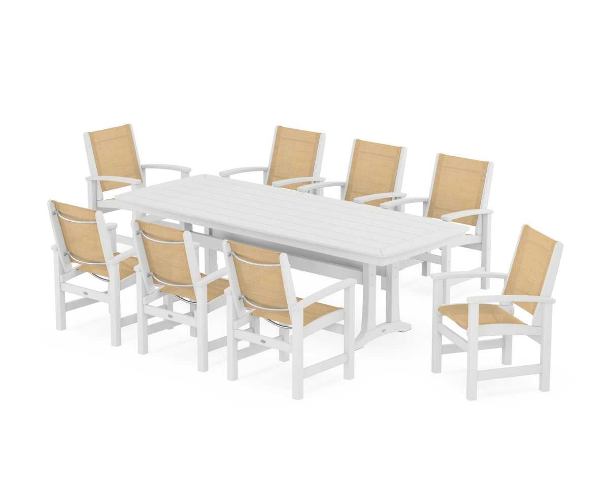 POLYWOOD Coastal 9-Piece Dining Set with Trestle Legs in White / Dupioni Apricot