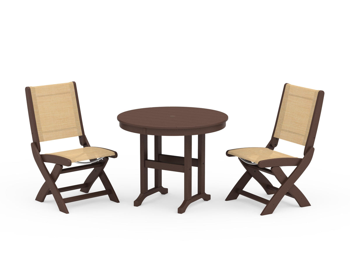 POLYWOOD Coastal Folding Side Chair 3-Piece Round Dining Set in Mahogany / Dupioni Apricot