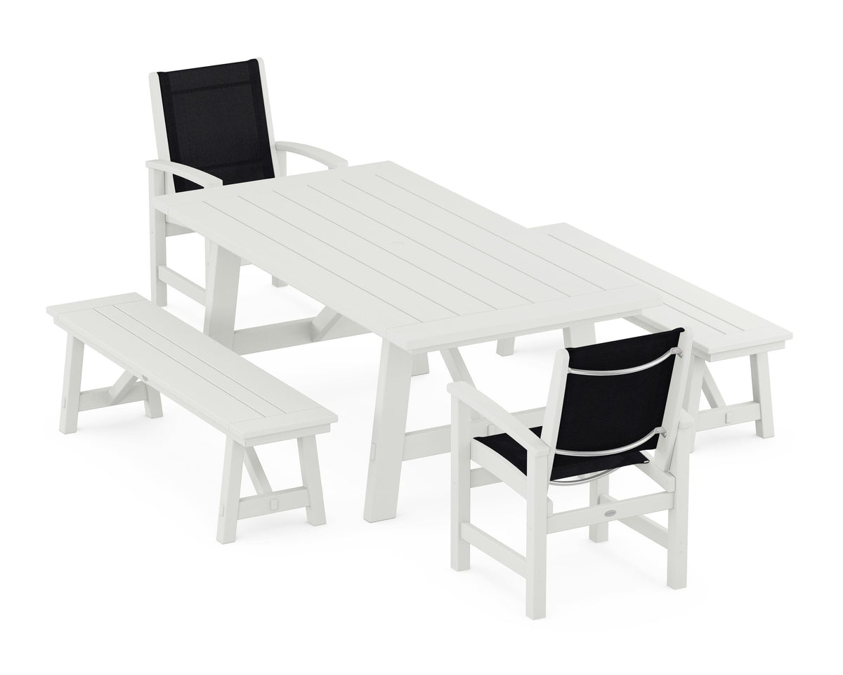 POLYWOOD Coastal 5-Piece Rustic Farmhouse Dining Set With Benches in Vintage White / Black