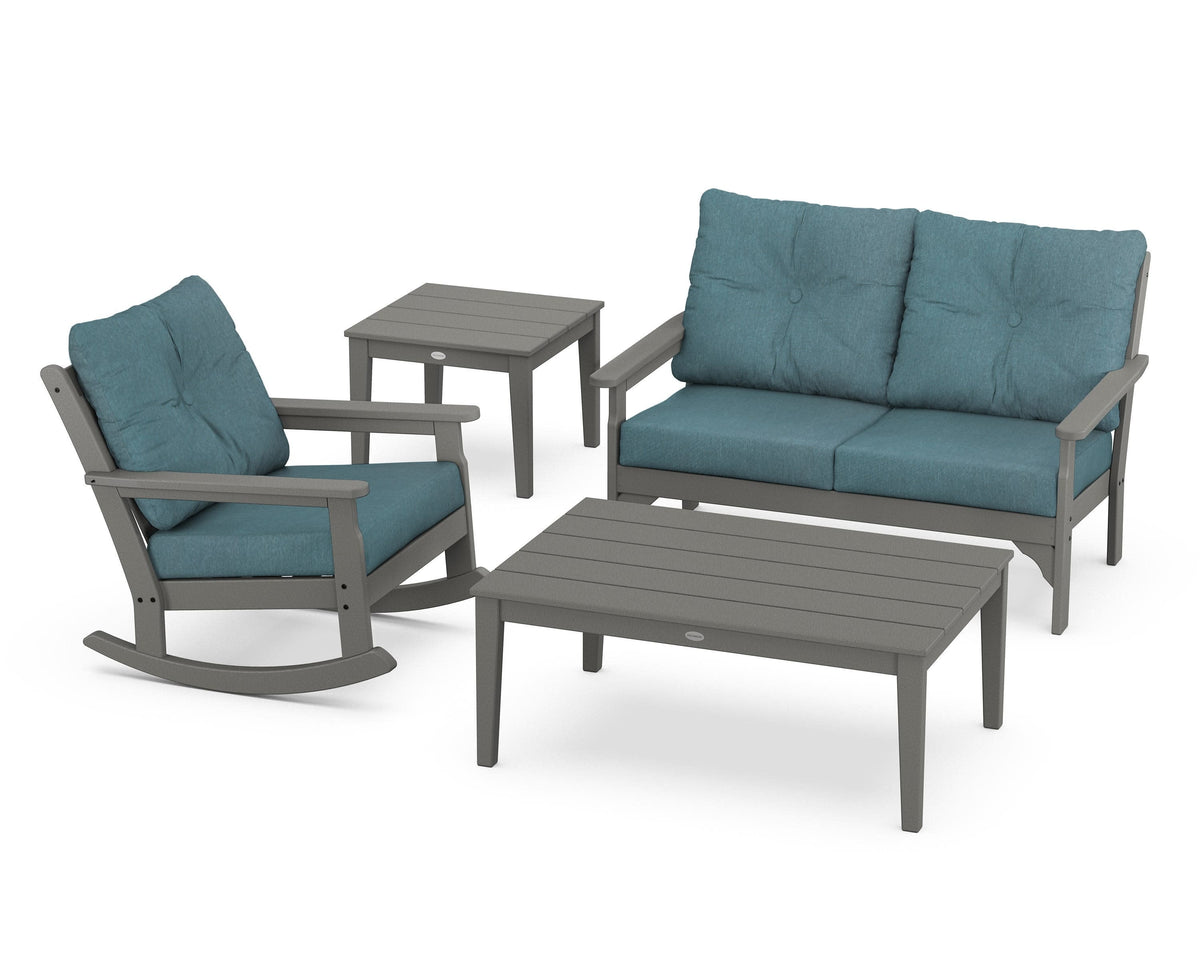 POLYWOOD Vineyard 4-Piece Deep Seating Rocker Set in Slate Grey / Ocean Teal